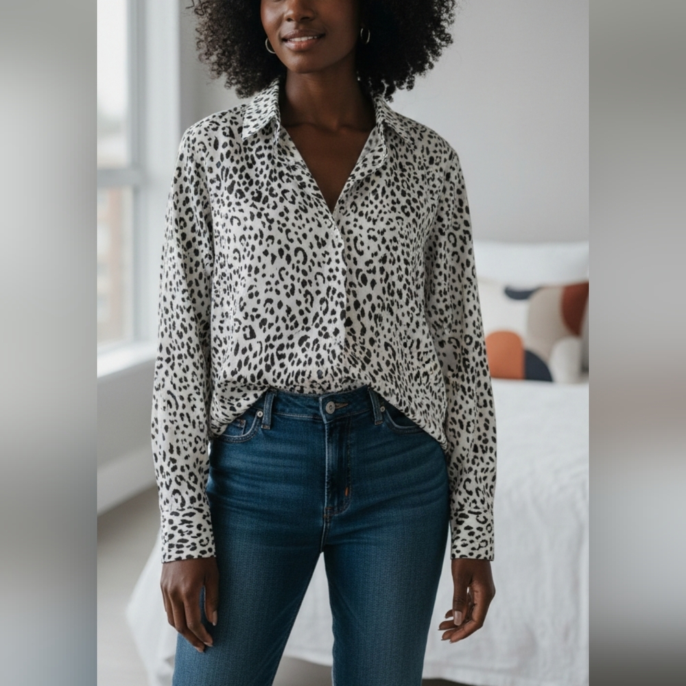 Zara Black and White Leopard Print Button Down Shirt